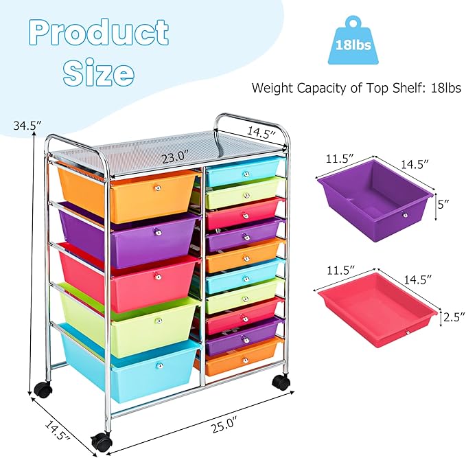 COSTWAY 15 Drawer Rolling Storage Cart, Utility Tools Paper Organizer on Wheels - Image 3