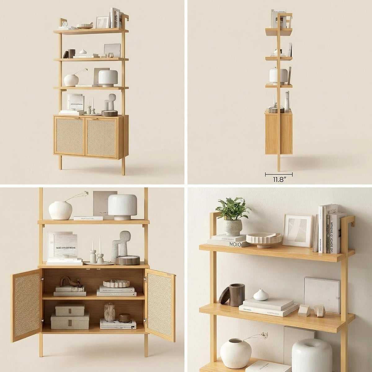 71in Rattan Ladder Bookshelf - 31.5in Wide Book Shelf with Storage, 6-Tier Bo...