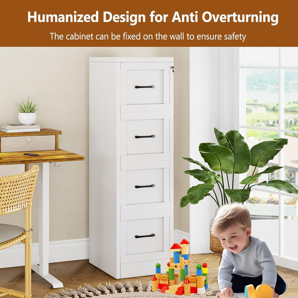 4 drawer metal file cabinet with lock,narrow vertical on a desk or shelf