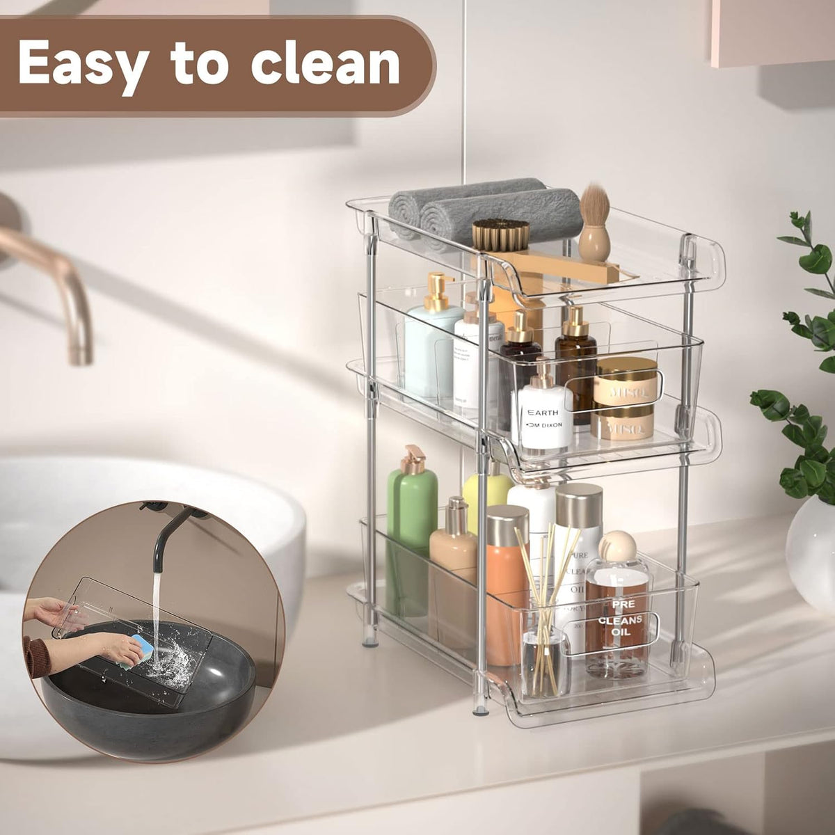 2Set 3 Tier Clear Bathroom Organizer with Dividers, Pull-Out Pantry Organizat...