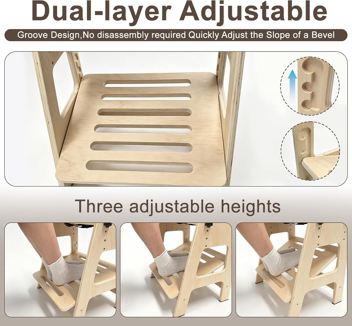 Double Step Footrest Under Desk, Adjustable Wooden Foot Stool with Cushions