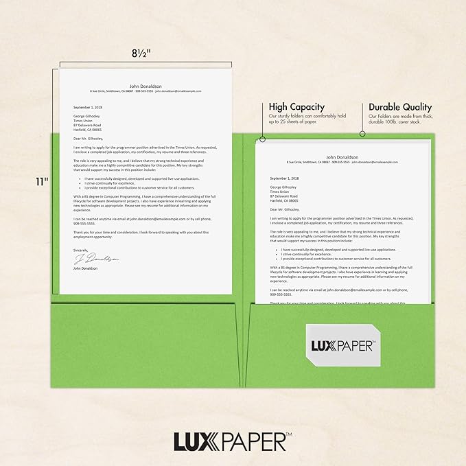 LUXPaper 9" x 12" Presentation Folders | Two Pocket | Limelight Green | 100lb. - Image 4