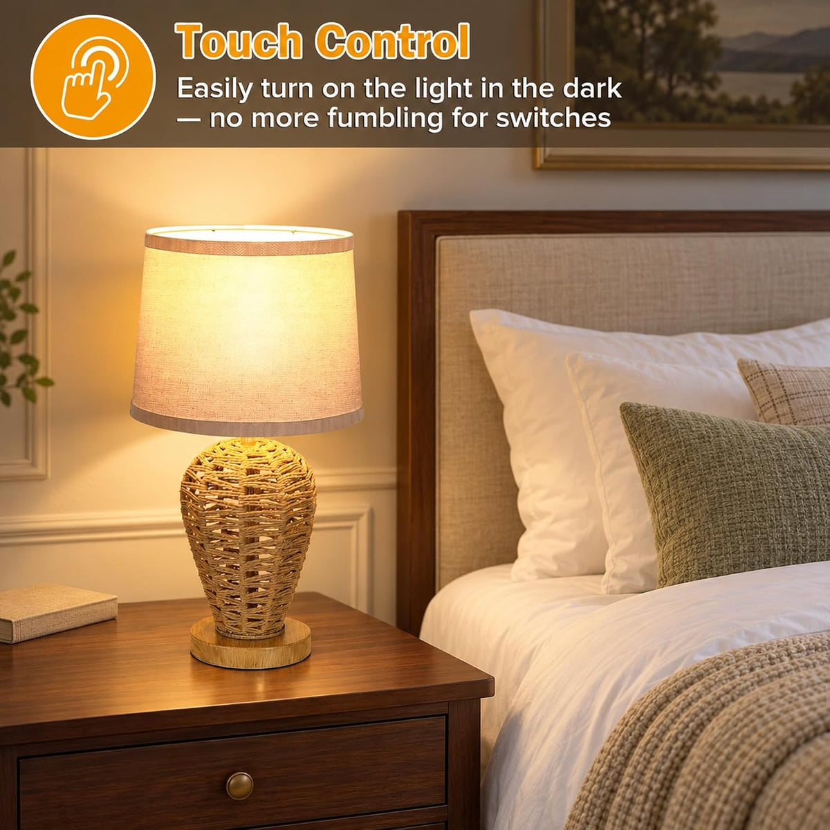 19" Boho Table Lamp with 100% Hand Woven Rattan Body & Wood Grain Fi...