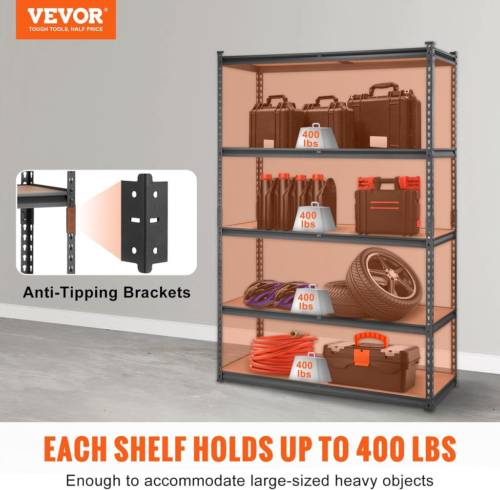 vevor storage shelves 5-tier adjustable 2000 lbs 48"x18"x72", side view