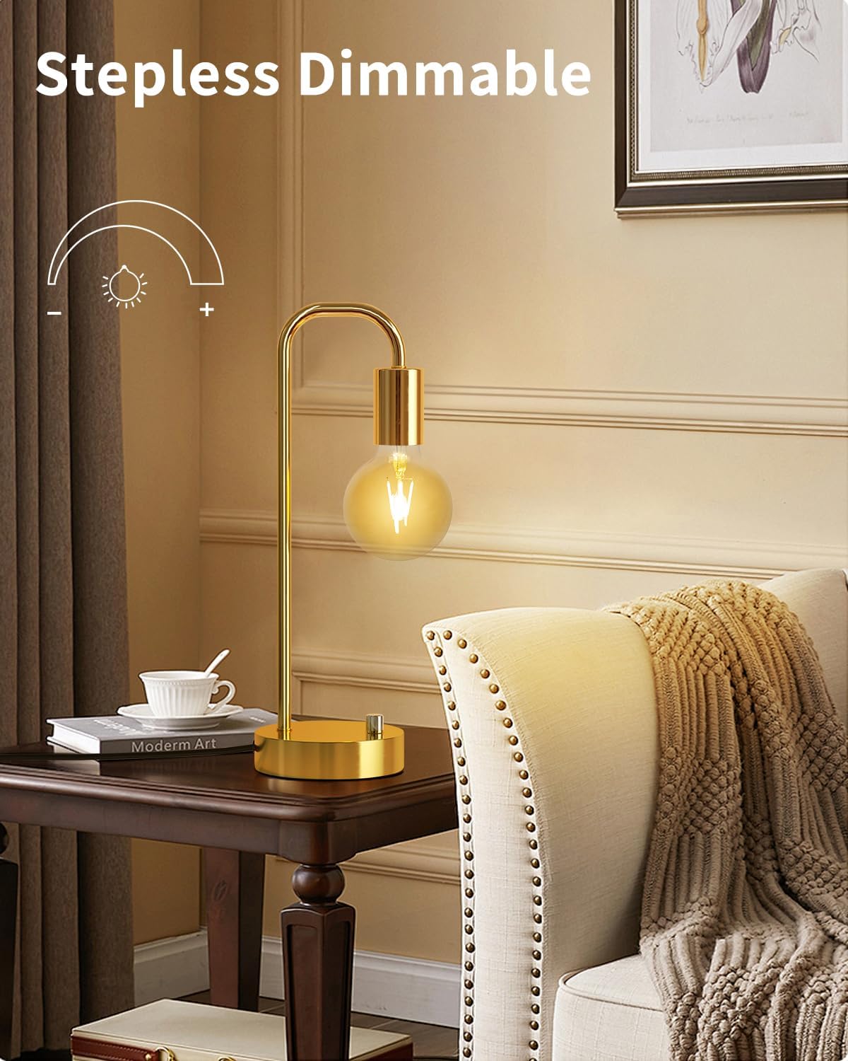 ONEWISH Industrial Table Lamp with 2 USB Port, Stepless Dimmable Nightstand B...