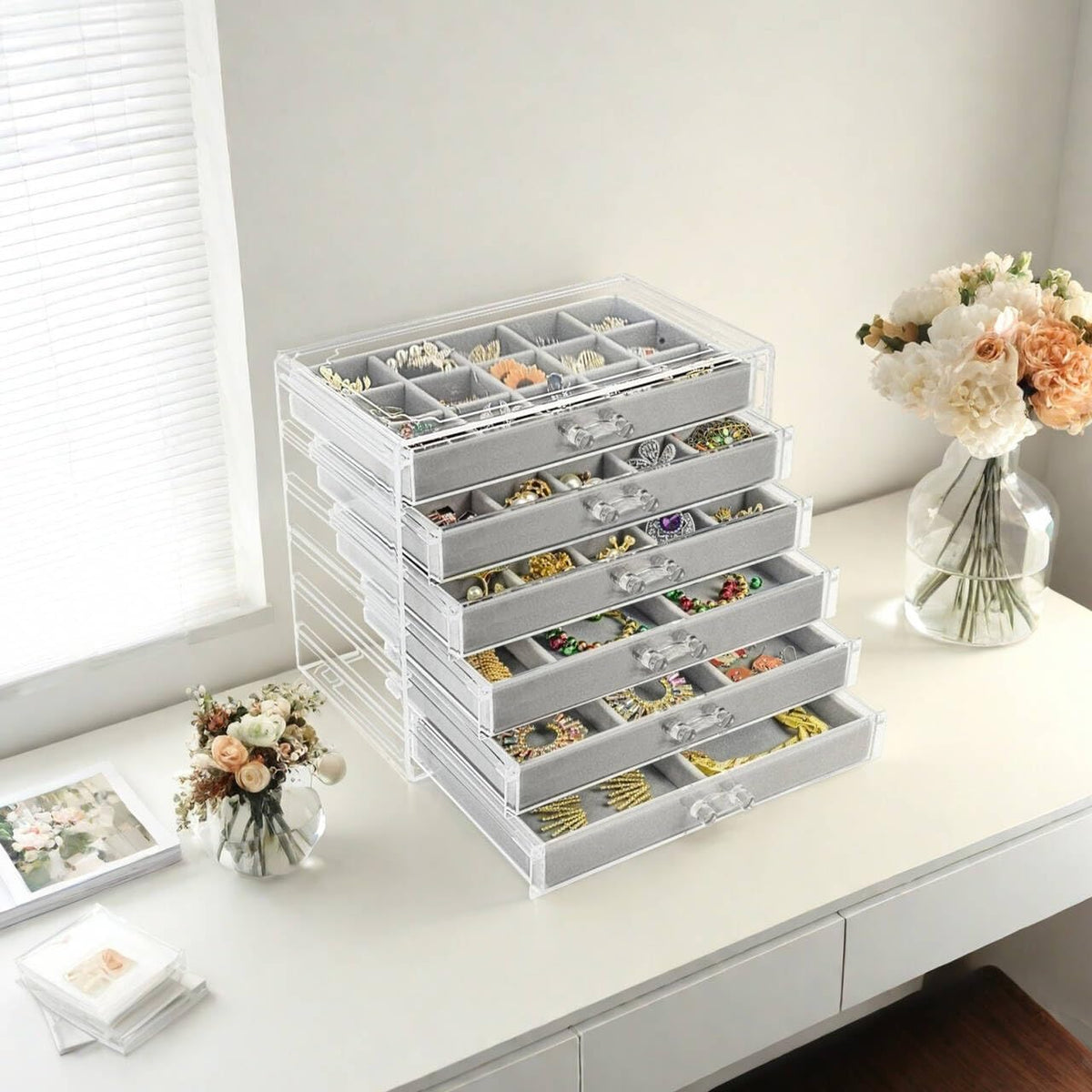 Watpot Acrylic Jewelry Box Organizer and Storage 6 Drawer for Earring Display...