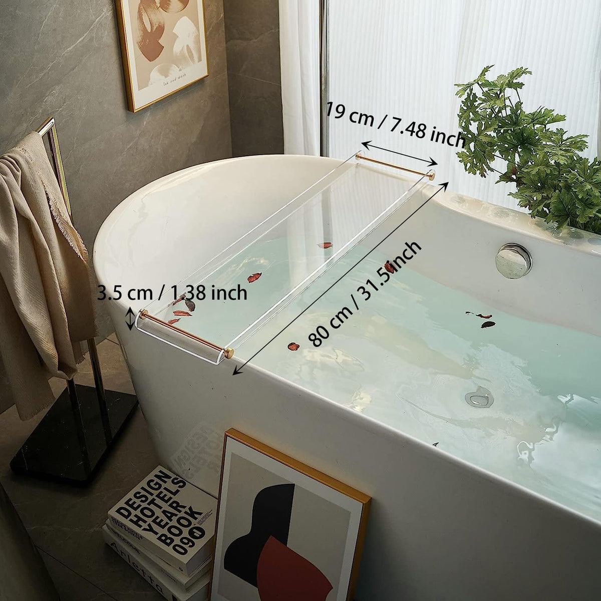 Beelee Clear Acrylic Bathtub Tray, Gold Rail Waterproof Tub Caddy Accessory