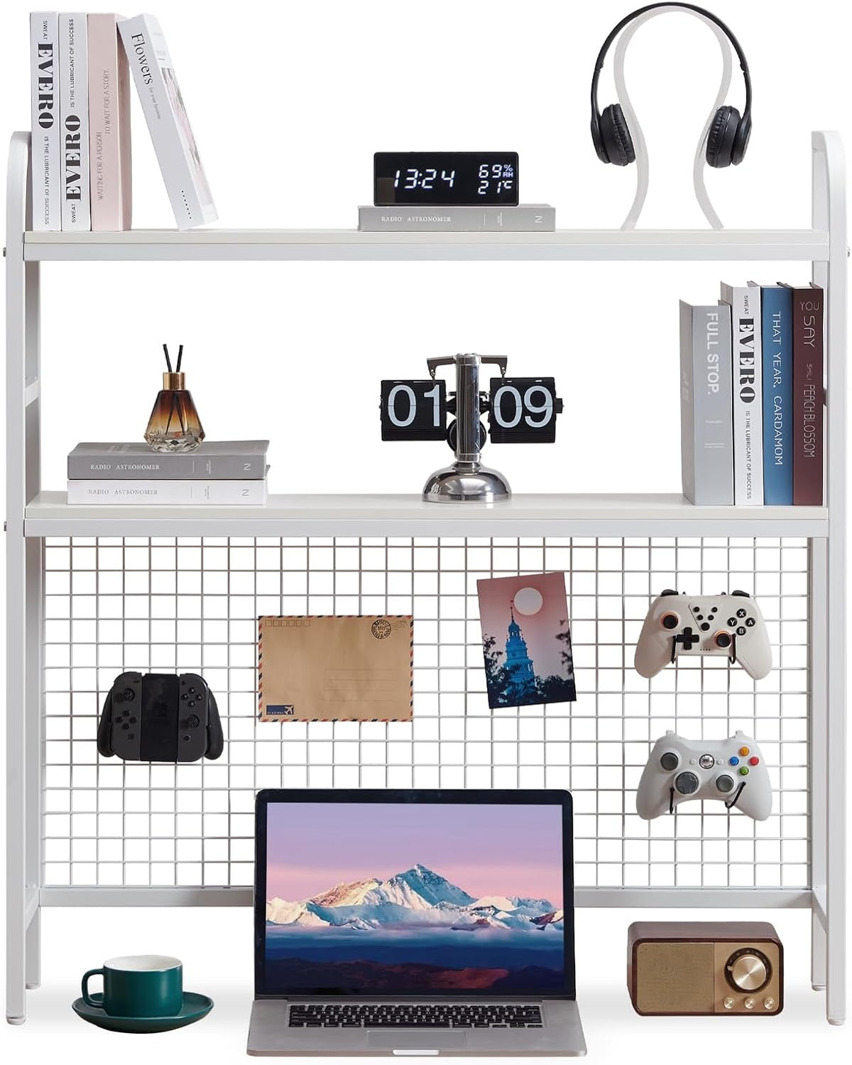 Desk Shelf, 36.8” Desktop Organizer Shelf with Grid Panel and Hooks, Desk Hut...