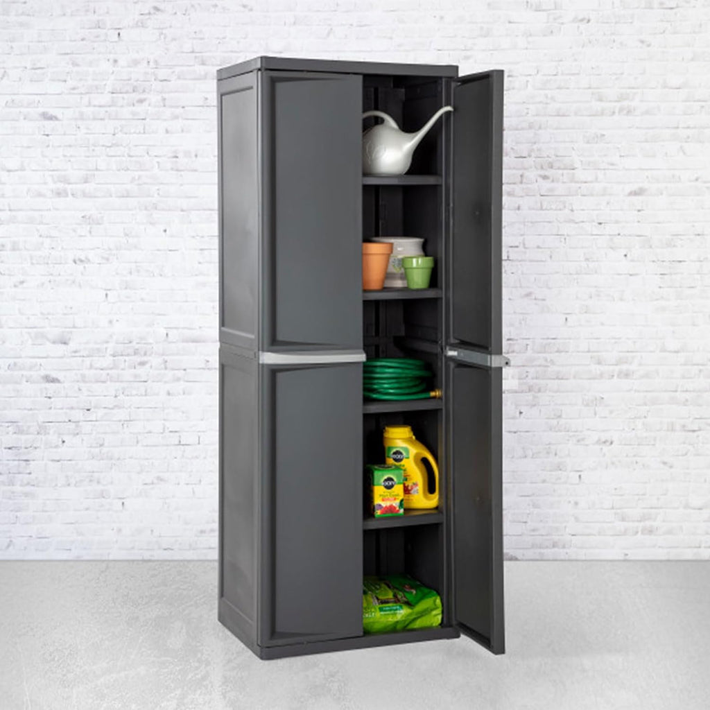 sterilite 4 shelf cabinet, lockable utility storage, gray, package contents