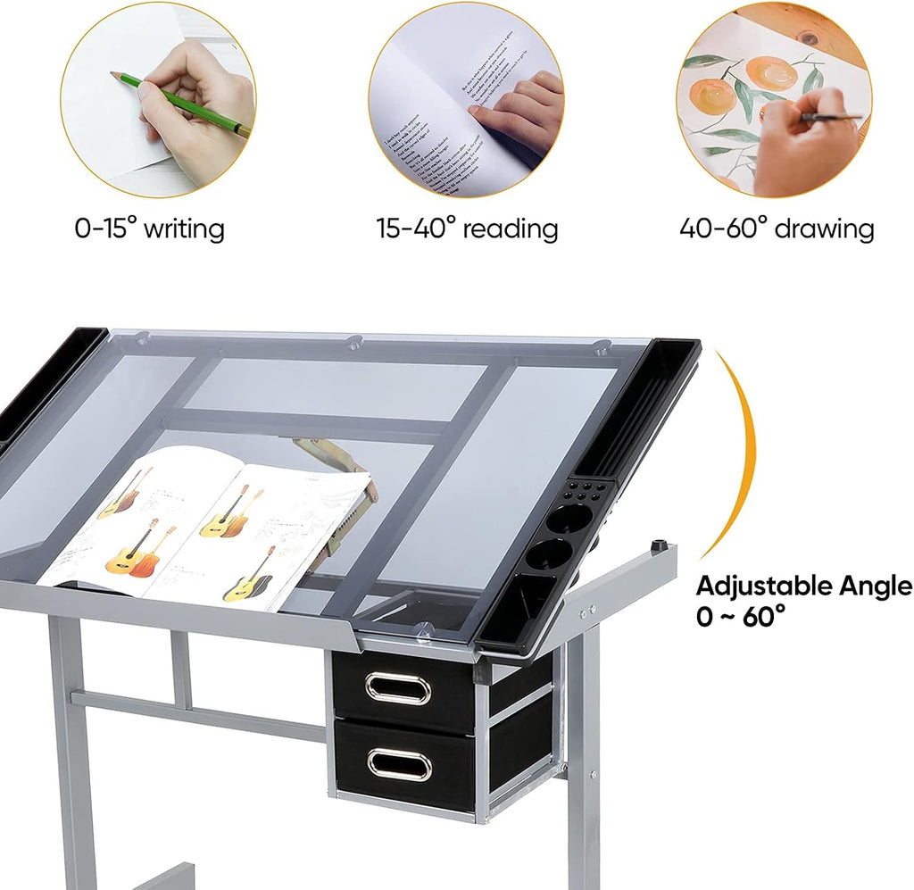 ZENY Drafting Table on Wheels with Storage Drawers, Adjustable Glass Tabletop, Craft Table Drawing Desk Artist Hobby Table for Painting, Drawing, Crafting | Mobile Rolling Drawing Desk with Adjustable Tilting Glass Top, Storage Drawers, Art Craft