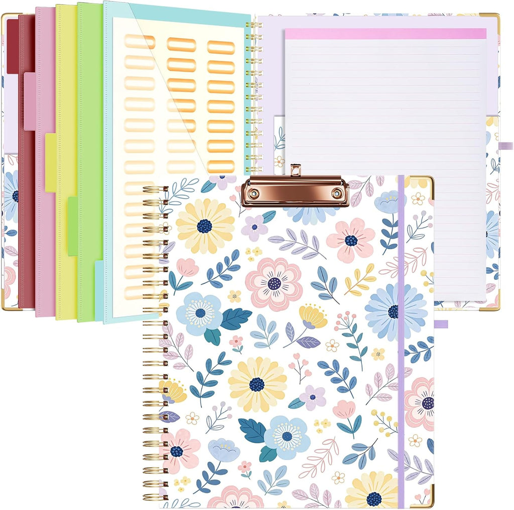 Ospelelf Clipboard with Storage 8.5 X 11，Padfolio Organizer, Spiral Portfolio Letter Size with Notepad, Pen Holder, 5 Extra Folder Divider Pages, Elastic Closure Nurse Office Essentials Daisy
