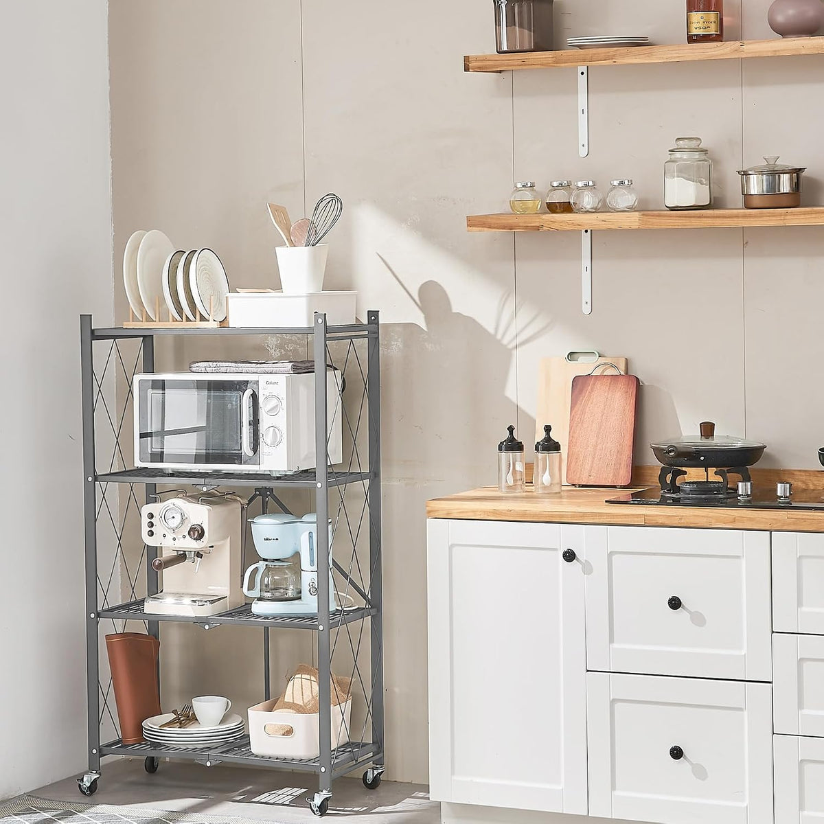 BRIAN & DANY 4-Tier Foldable Storage Shelves with Wheels, Folding Metal R...
