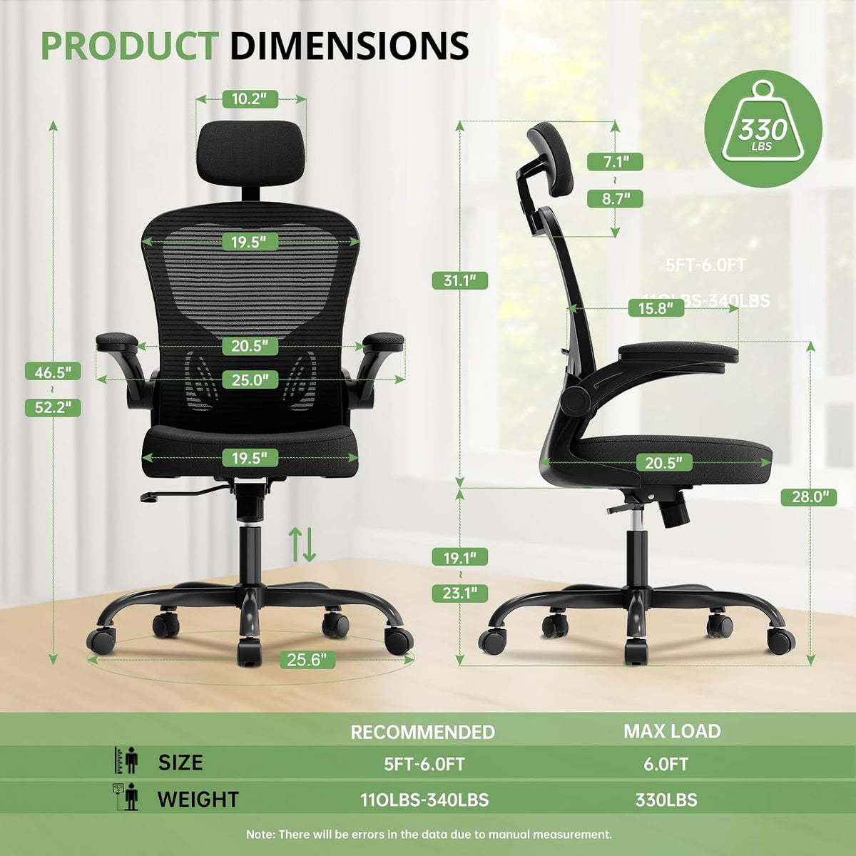 office chair ergonomic desk chair, 330lbs capacity, high shown in use
