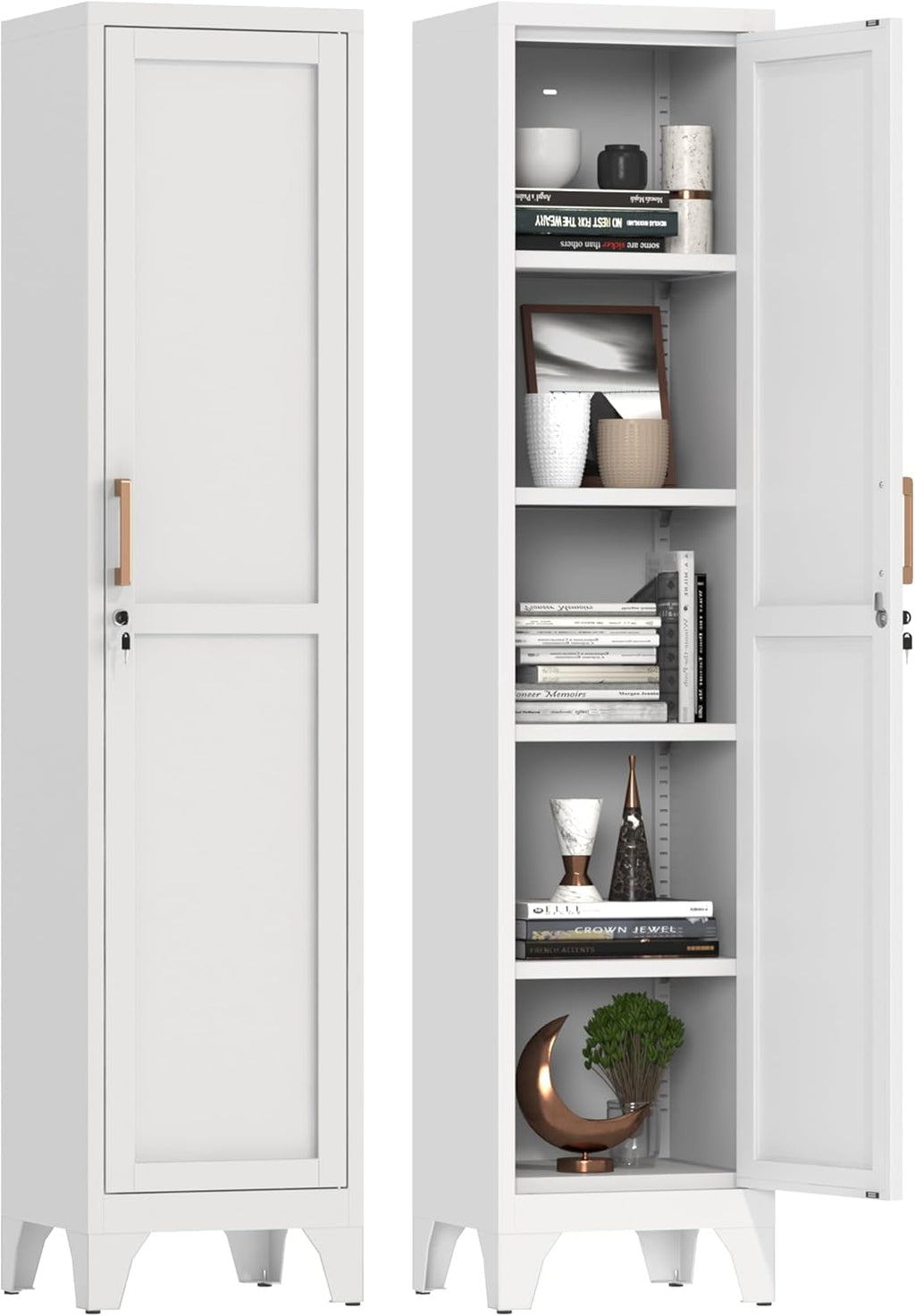 67" Tall Narrow Storage Cabinet Metal Bathroom Cabinet with Lockable and 4 Adjustable Shelve,Anti-Tip Design,Standing Pantry Cabinets Cupboard for Kitchen,Dining Room,Bathroom-Assembly Required(White)