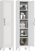 67" Tall Narrow Storage Cabinet Metal Bathroom Cabinet with Lockable and 4 Adjustable Shelve,Anti-Tip Design,Standing Pantry Cabinets Cupboard for Kitchen,Dining Room,Bathroom-Assembly Required(White)
