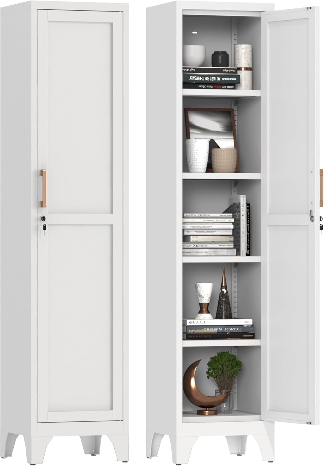 67" Tall Narrow Storage Cabinet Metal Bathroom Cabinet with Lockable and 4 Adjustable Shelve,Anti-Tip Design,Standing Pantry Cabinets Cupboard for Kitchen,Dining Room,Bathroom-Assembly Required(White)