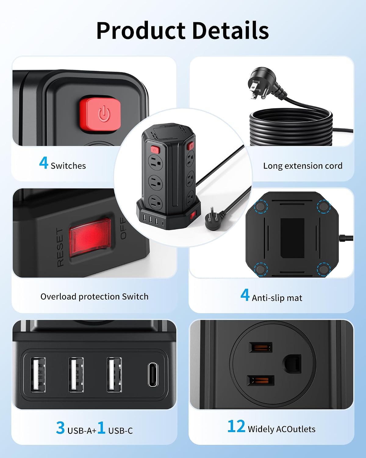 Power Strip 6.5 Ft Extension Cord with 12 AC Multiple Outlets 4 USB (1 USB C)...