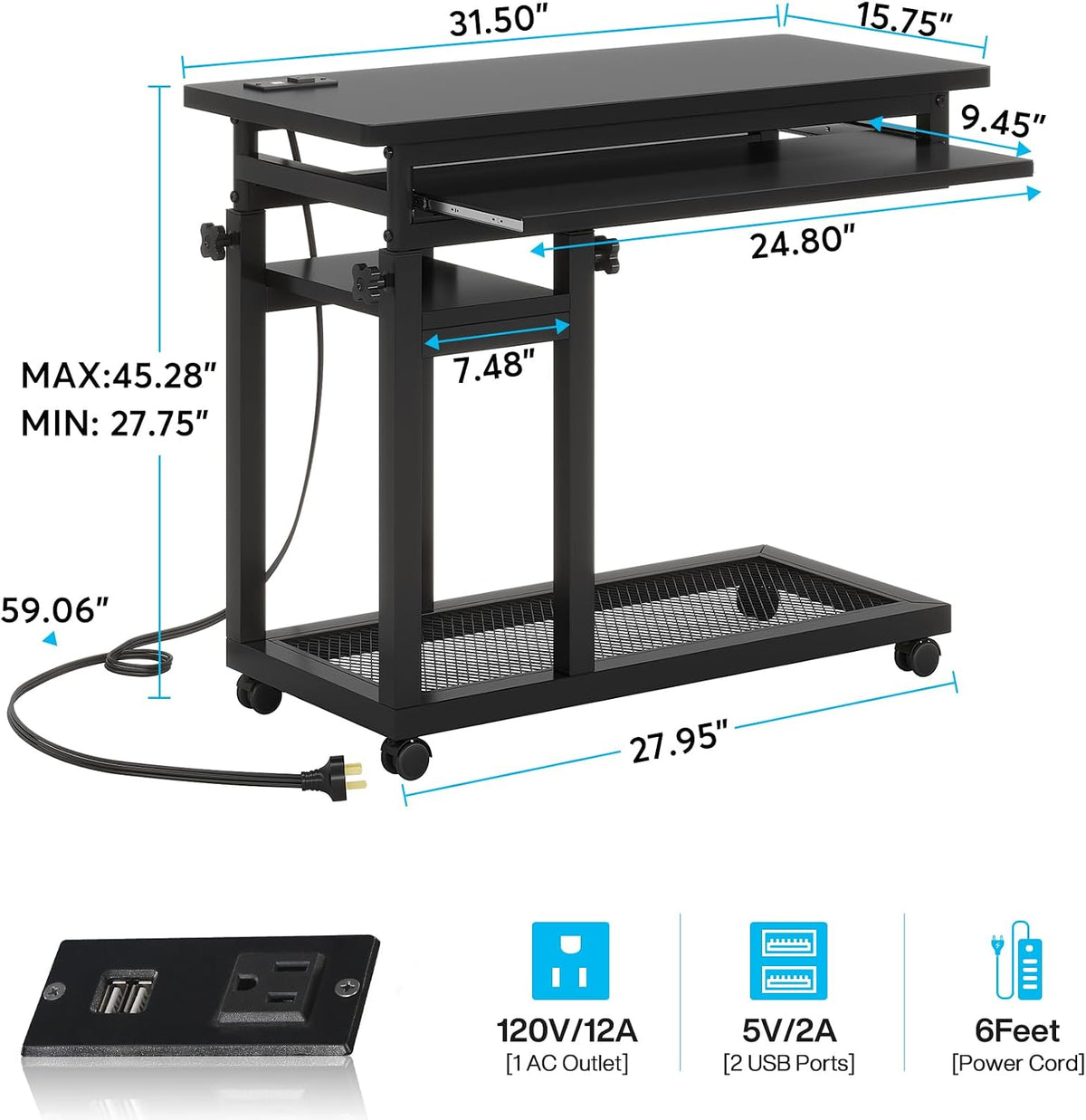 Tribesigns Small Portable Desk with Power Outlet, Height Adjustable Sofa Couc...