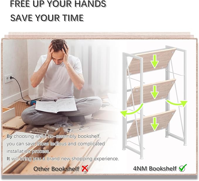 4NM No Assembly Folding Bookshelf Storage Shelves 3 Tiers Vintage Bookcase - Image 6