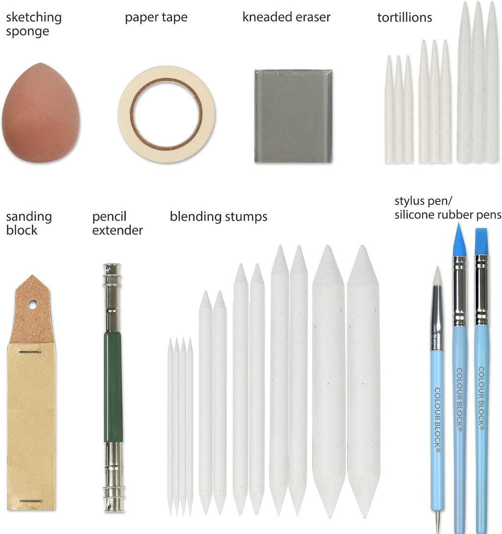 colour block 130pc soft pastel set & blending, package contents