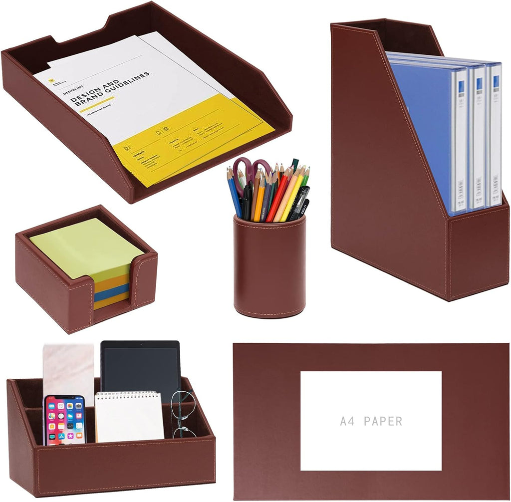 6 piece office supplies/desk organizer set with desktop shown in use