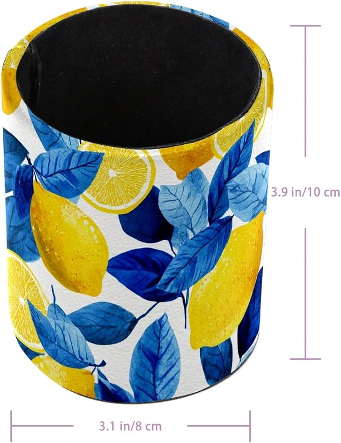 Leather Pen Holder for Desk Lemons Blue Leaves Pattern Pencil Cup Desktop - Image 3