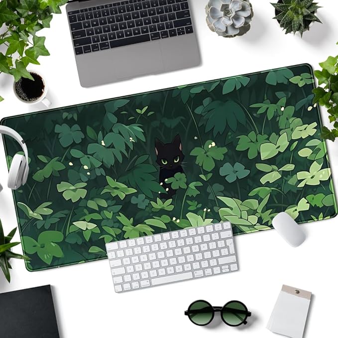 Black Cat Anime Desk Gaming Mat, XL Green & Large, 31.5x15.8in, - Image 2