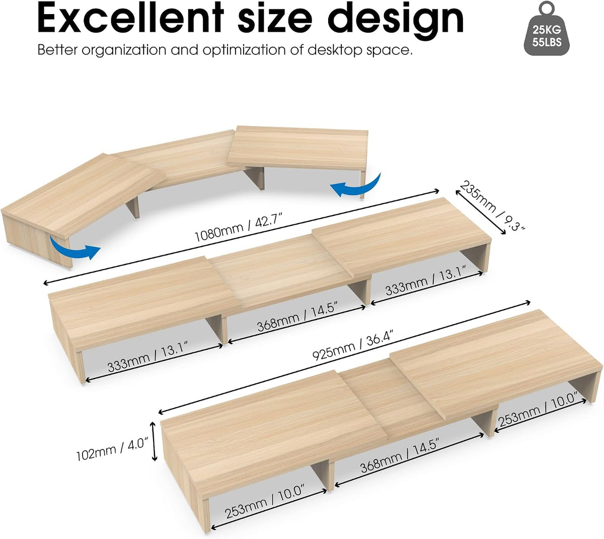 fitueyes dual monitor stand riser, adjustable length and, close-up detail