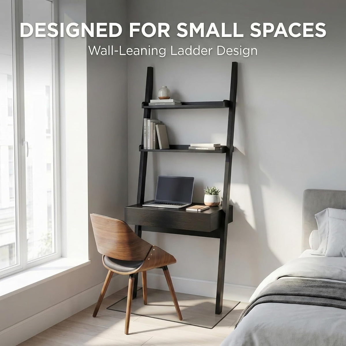 Home Office Desk with Ladder Shelf & Drawer, Computer Writing Desk with S...