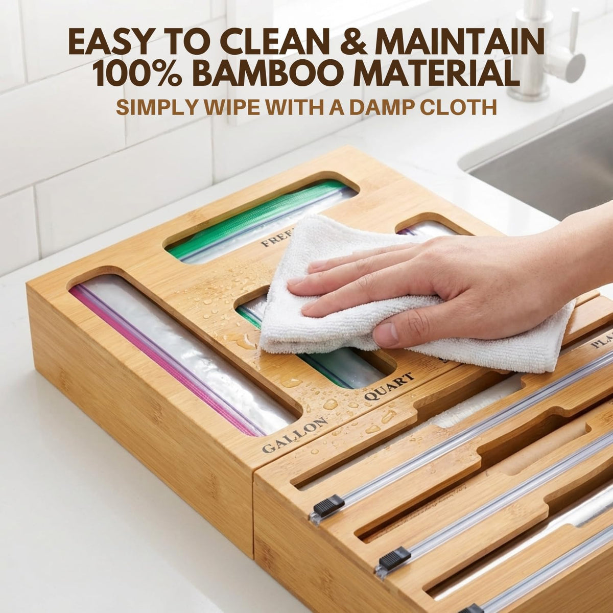 9 in 1 Bamboo Kitchen Drawer Organizer for Storage Bags, Foil & Plastic W...