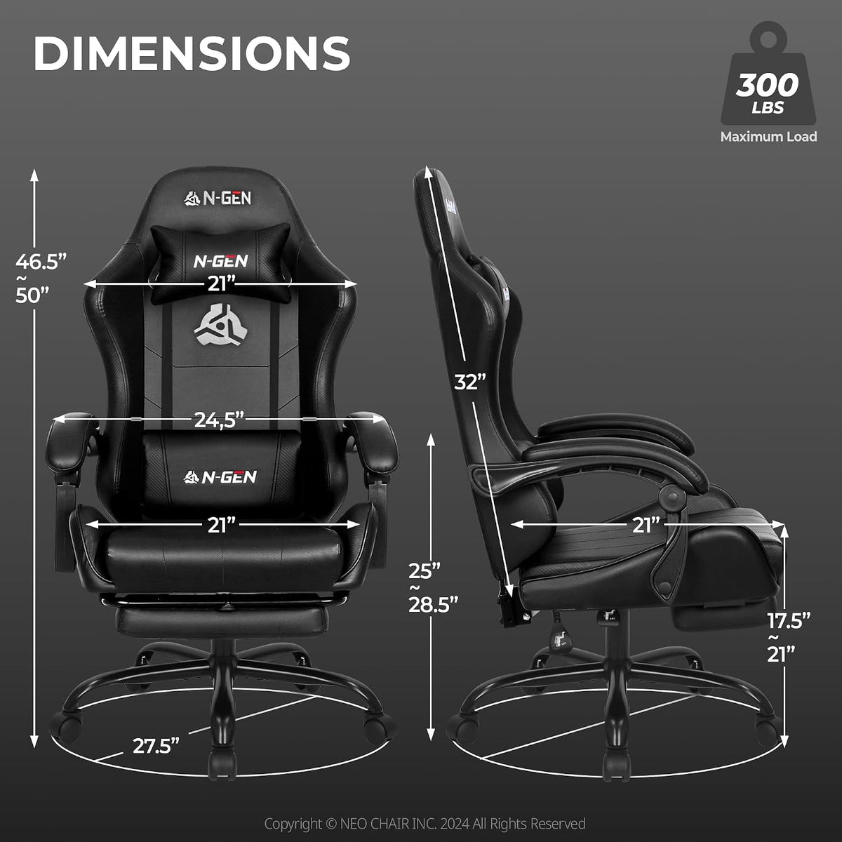 n-gen gaming gaming chair with footrest, lumbar, high-back, close-up detail