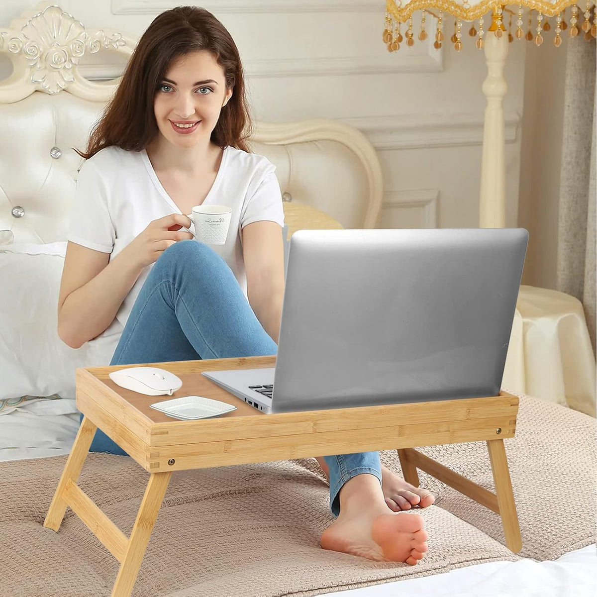 Artmeer FSC-Certified Bamboo Bed Tray Table, Tilting Top, Large, Beige