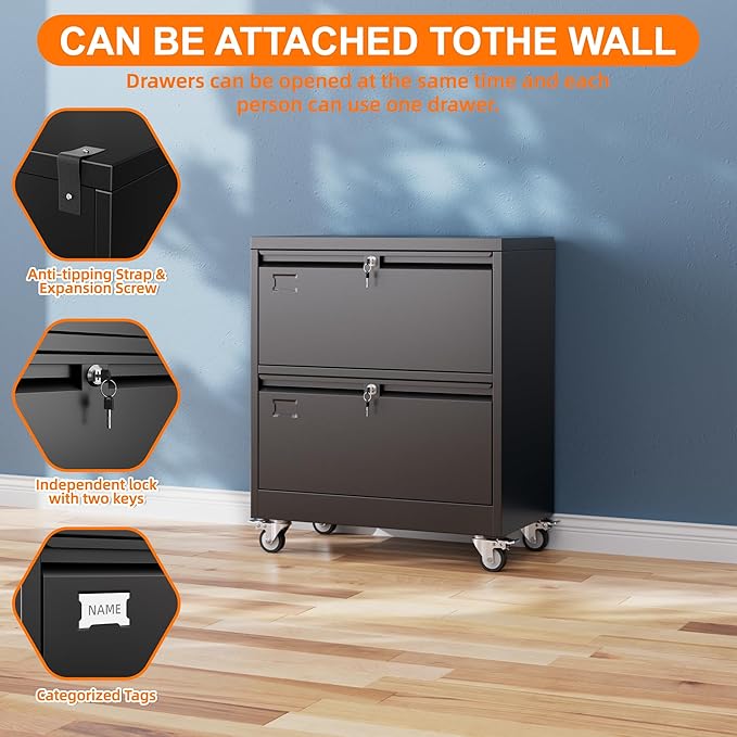 METAN Upgrade 2 Drawers Lateral File Cabinet on Wheels, Steel Office Filing - Image 5
