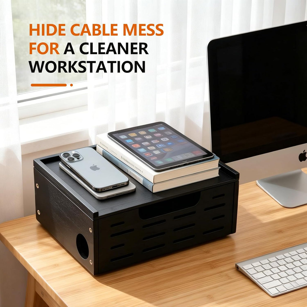 Wooden Cable Management Box - A Stylish Cable Storage Box, Suitable for Power...