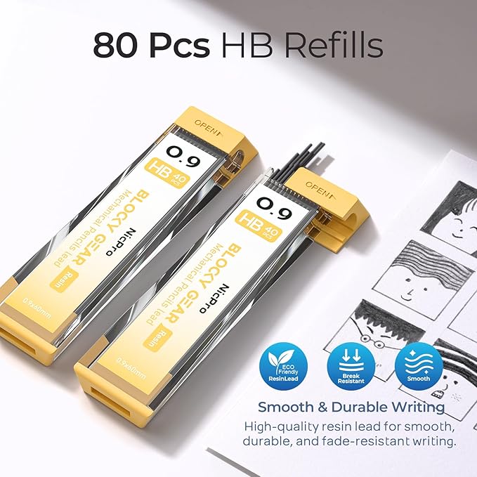 Nicpro Blocky Gear 0.9 mm Mechanical Pencils Set in Case, Metal Pencil - Image 4