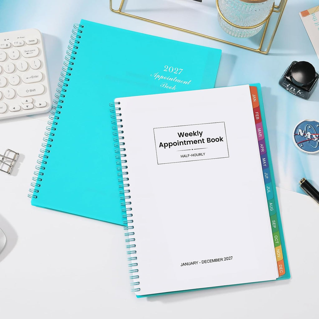 2027 Weekly Appointment Book & Planner - Daily Hourly Planner 2027, 9" x 11", January 2027 - December 2027, 30-Minute Interval, Lay - Flat, Spiral Binding, Thick Paper - Teal Green