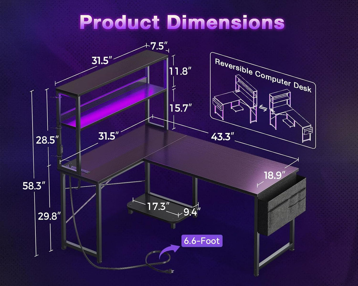 ODK 43" L Shaped Gaming Desk with Shelves, LED & Outlets, Black