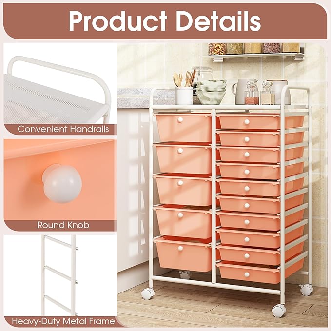 COSTWAY 15-Drawer Rolling Storage Cart, Mobile Utility Cart - Image 6