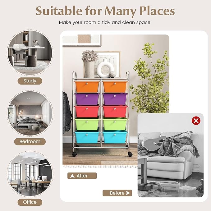 LDAILY 10 Drawer Rolling Cart, Storage Cart Organizer on Wheels, Drawer Cart - Image 6