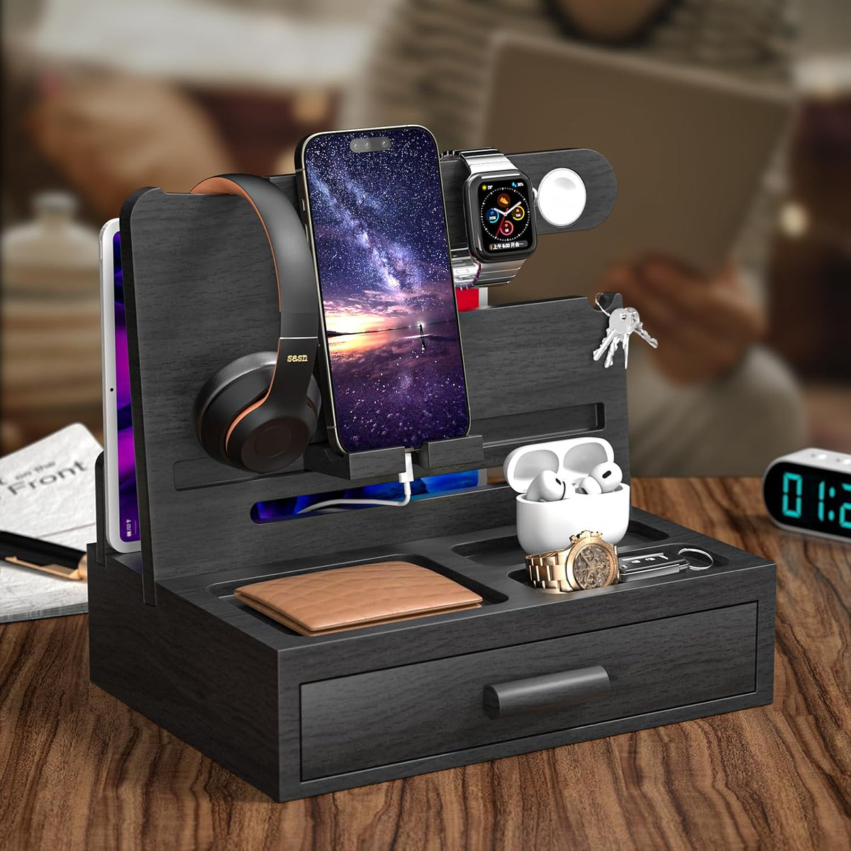 melafa365 Nightstand Organizer for Men,Phone Docking Station with Cable Manag...