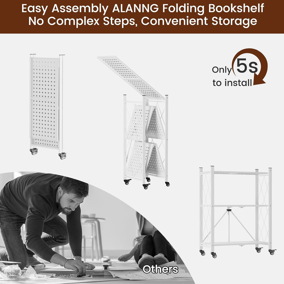 ALANNG 3 Tier Folding Shelf on Wheels, Heavy Duty Rolling Storage Cart