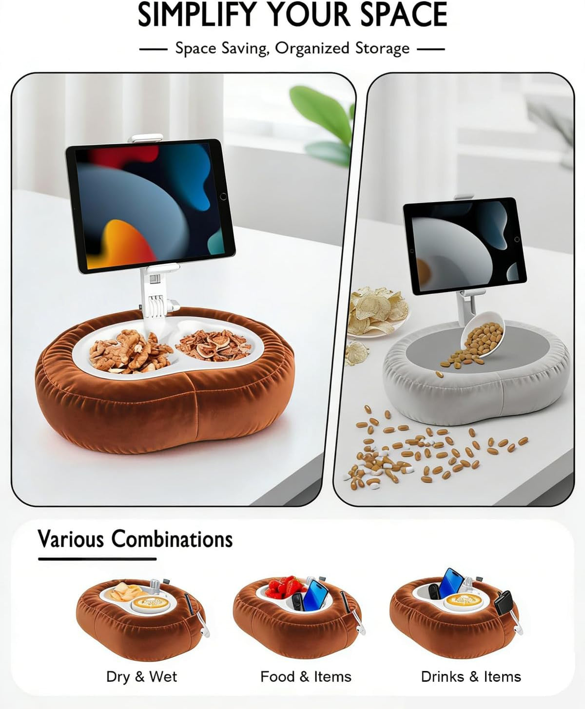 Miledi Tablet Pillow Stand for Bed with Detachable Snack Bowl, Terracotta
