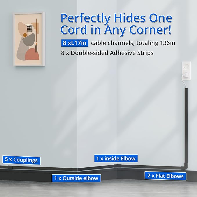 Cord Hider Wall for One Cord 136in, ZhiYo Cord Covers for Wires on Wall - Image 3