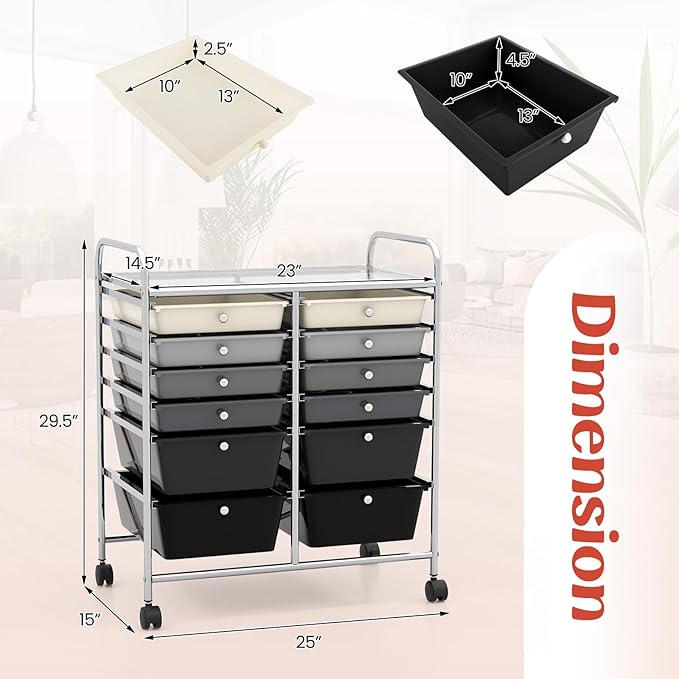 LDAILY 12 Drawer Rolling Storage Cart, Craft Cart Organizer on Wheels w/Metal - Image 3