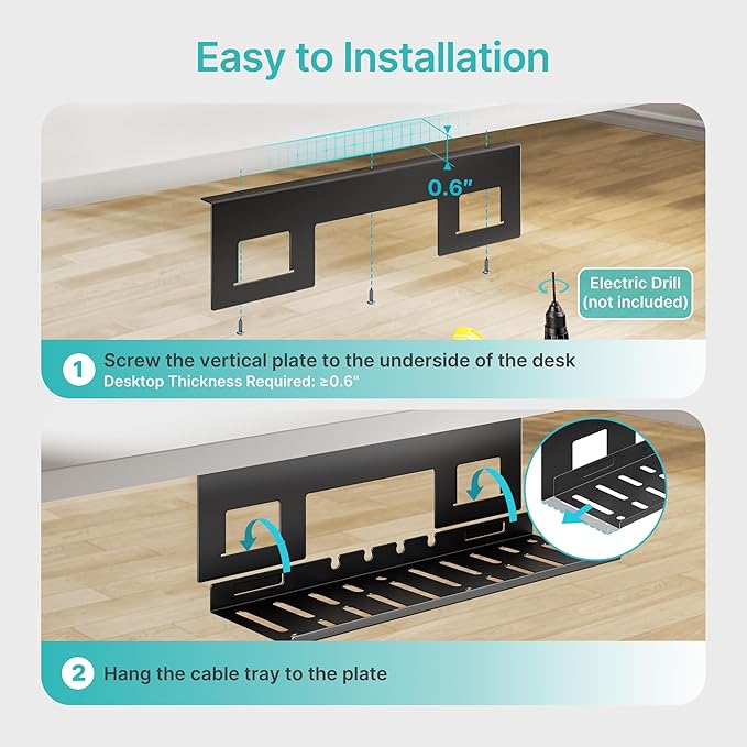PEGZONE Under Desk Cable Management Tray, 15.7 Inches Metal Cord Organizer Rack - Image 7