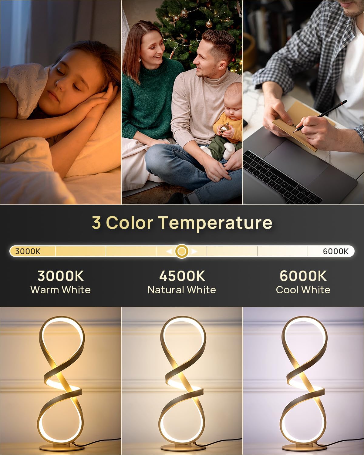 Gold Cool Table Lamps Set of 2, Modern LED Spiral Desk Light