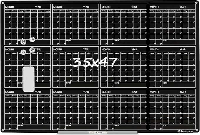 Magnetic Whiteboard Calendar Black Glass Board Yearly Calendar by JJworldwide