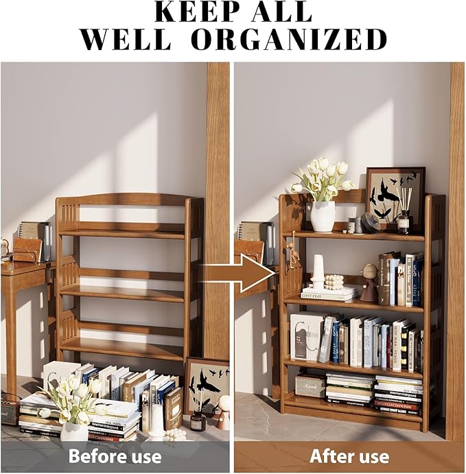 AnywaysWood 4 Tier Solid Wood Open Shelf Bookcase, Modern Wooden Display - Image 7