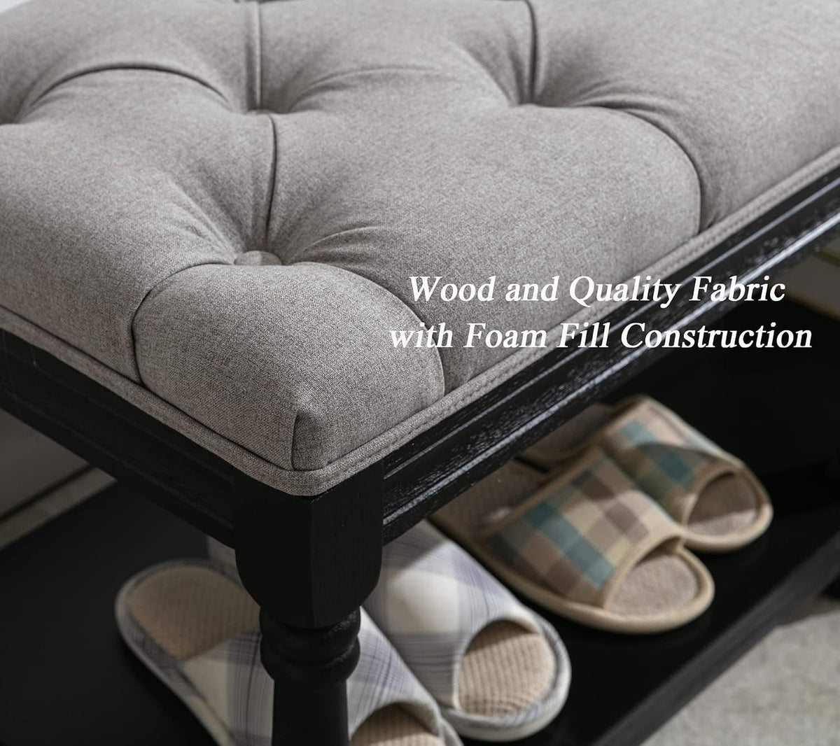 DUOMAY Mid-Century Tufted Storage Bench with Shelf, Linen Upholstered Farmhou...