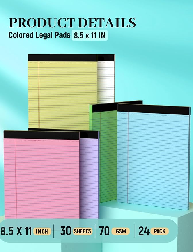 24 Pack Colored Legal Pads 8.5 x 11, College Ruled, 720 Sheets Note Pads 8.5 x - Image 2